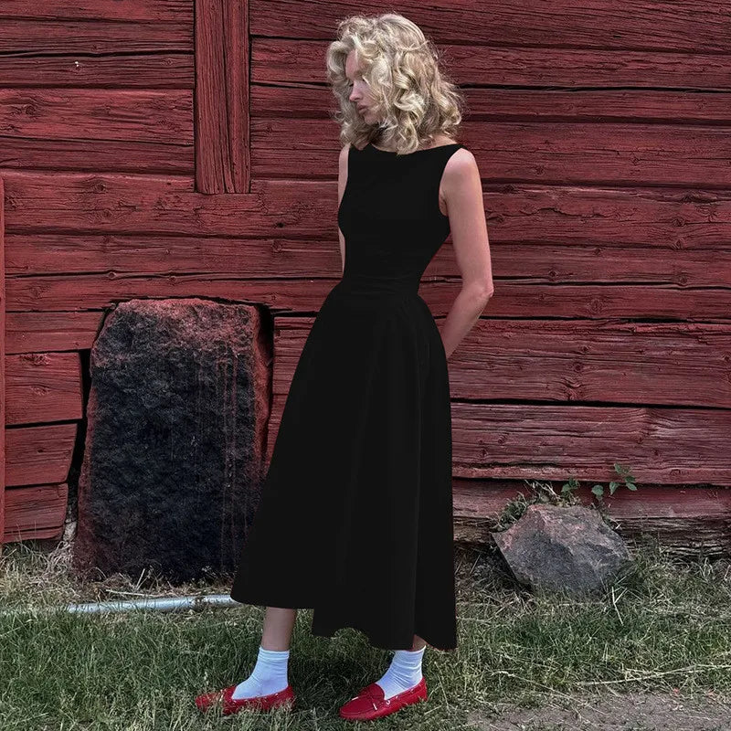 Straight Neck Sleeveless Flare Midi Dress