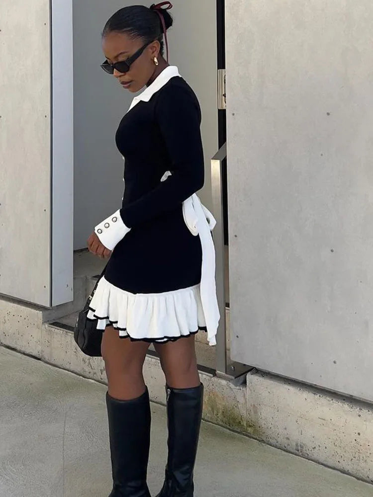 Ruffled Contrast Bow Open Back Lace-Up Knit Mini Dress