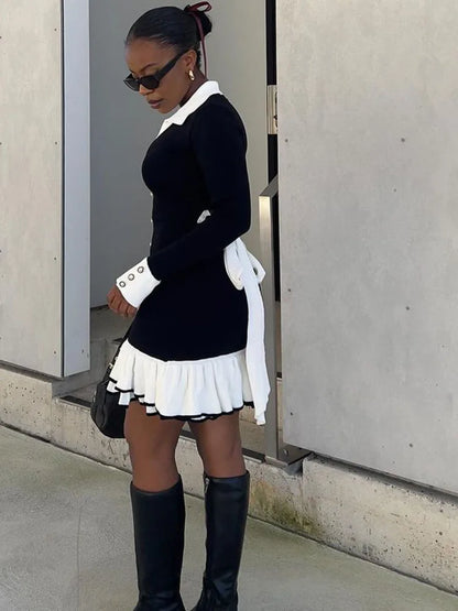 Ruffled Contrast Bow Open Back Lace-Up Knit Mini Dress