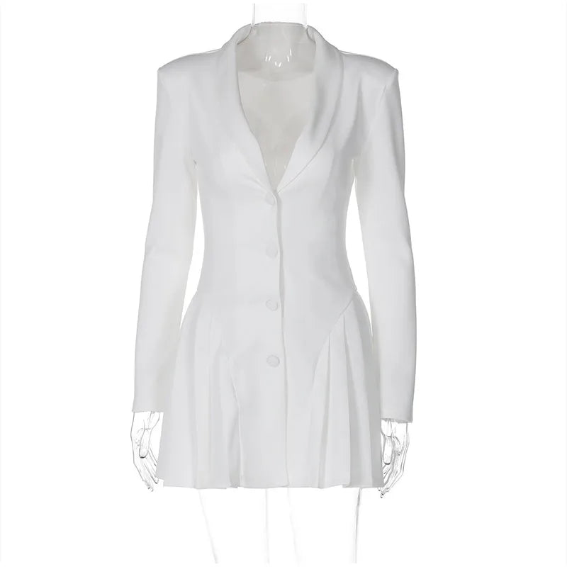 Plunging Neckline Pleated & Buttoned Blazer Dress