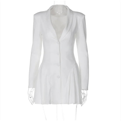 Plunging Neckline Pleated & Buttoned Blazer Dress