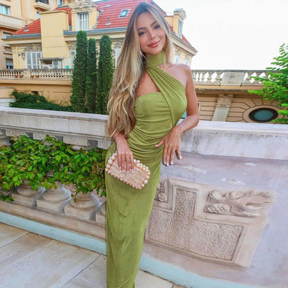 Halter Green Off-shoulder Backless Long Dress