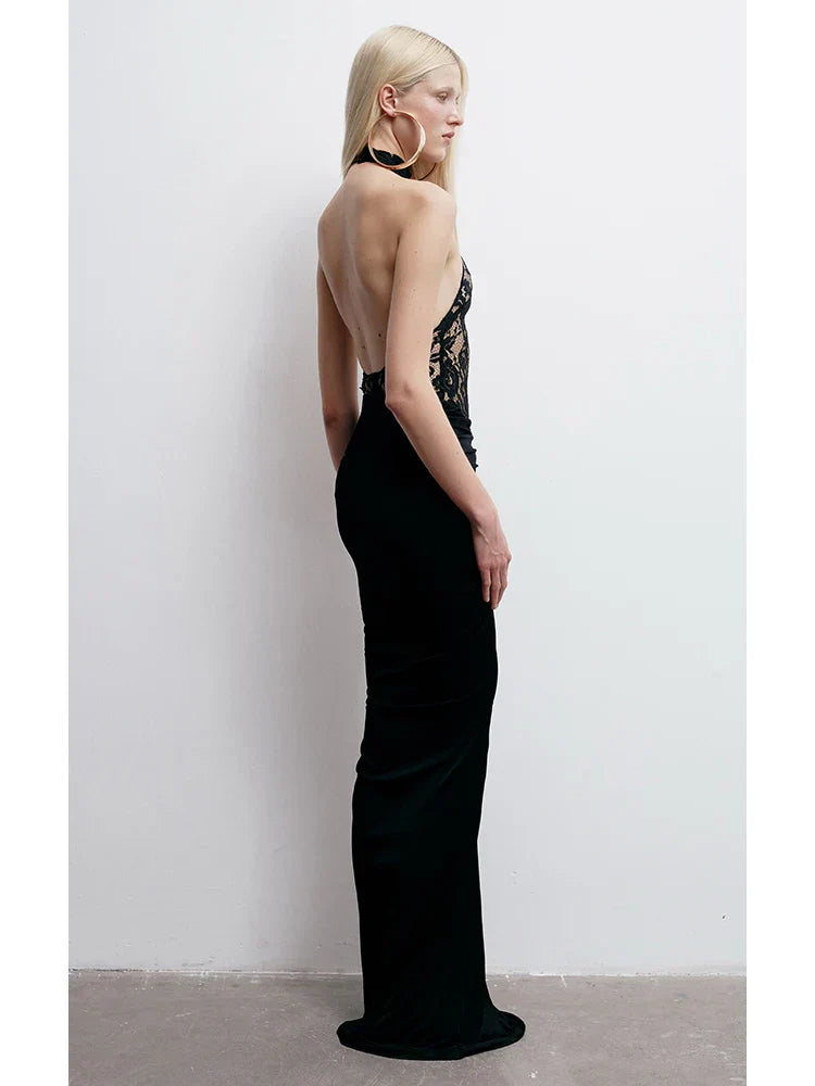 Halter Neck Lace Patchwork Black Maxi Dress
