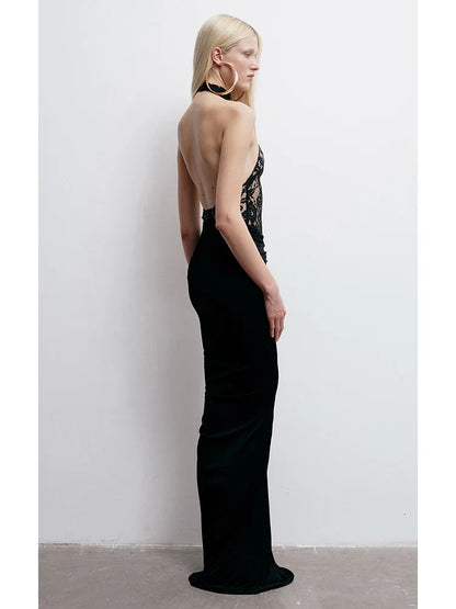 Halter Neck Lace Patchwork Black Maxi Dress