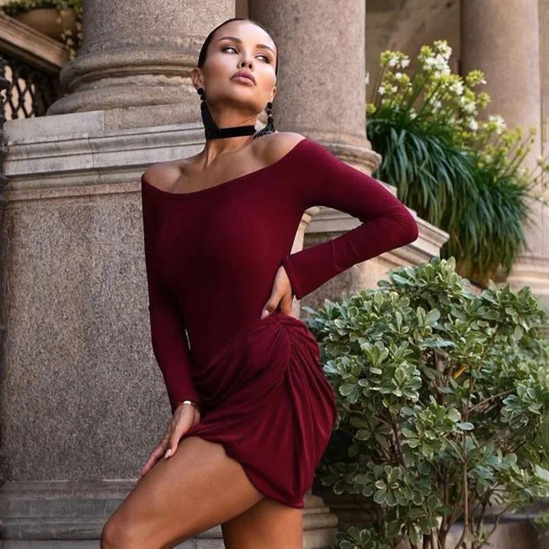 Pleated Off-Shoulder Long Sleeve Mini Dress