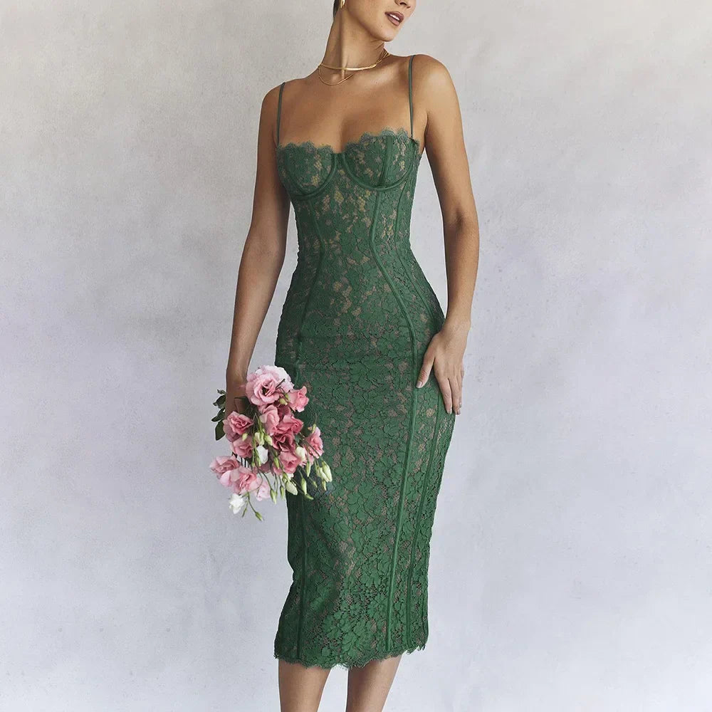 Spaghetti Strap Midi Green Dress