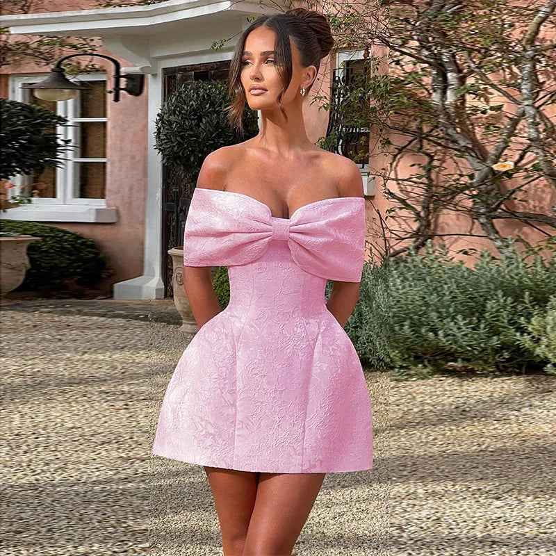 Bow Off Shoulder Backless A-line Jacquard Party Dress