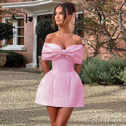 Bow Off Shoulder Backless A-line Jacquard Party Dress