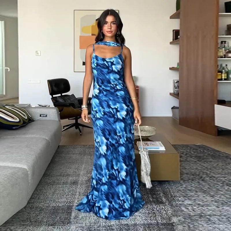 Halter Backless Blue Printed Lace-up Long Dress