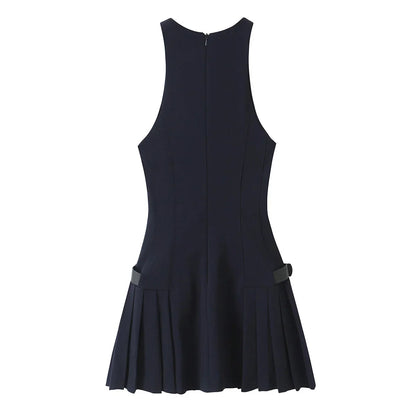 Solid Sleeveless Back Zipper Belt Pleated Dress