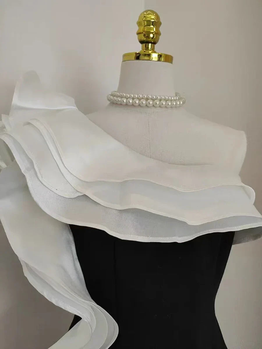 Diagonal Neck Patchwork Ruffles Folds Dress