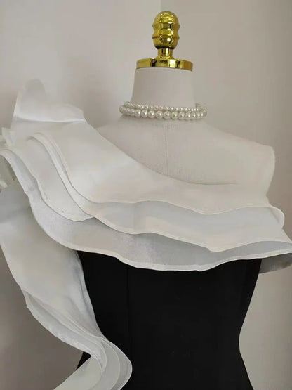 Diagonal Neck Patchwork Ruffles Folds Dress