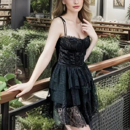 Mesh Bow Lacing up Black Mini Dress