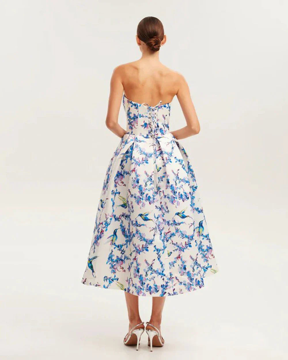 Floral printed strapless back tied rope dress