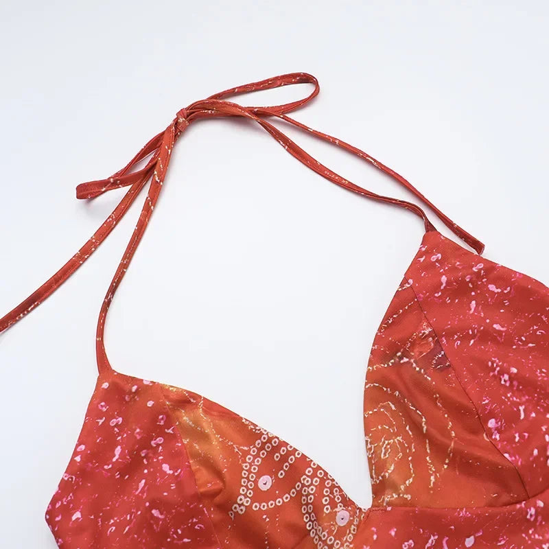 Orange Printed Open Back Halter Maxi Dress