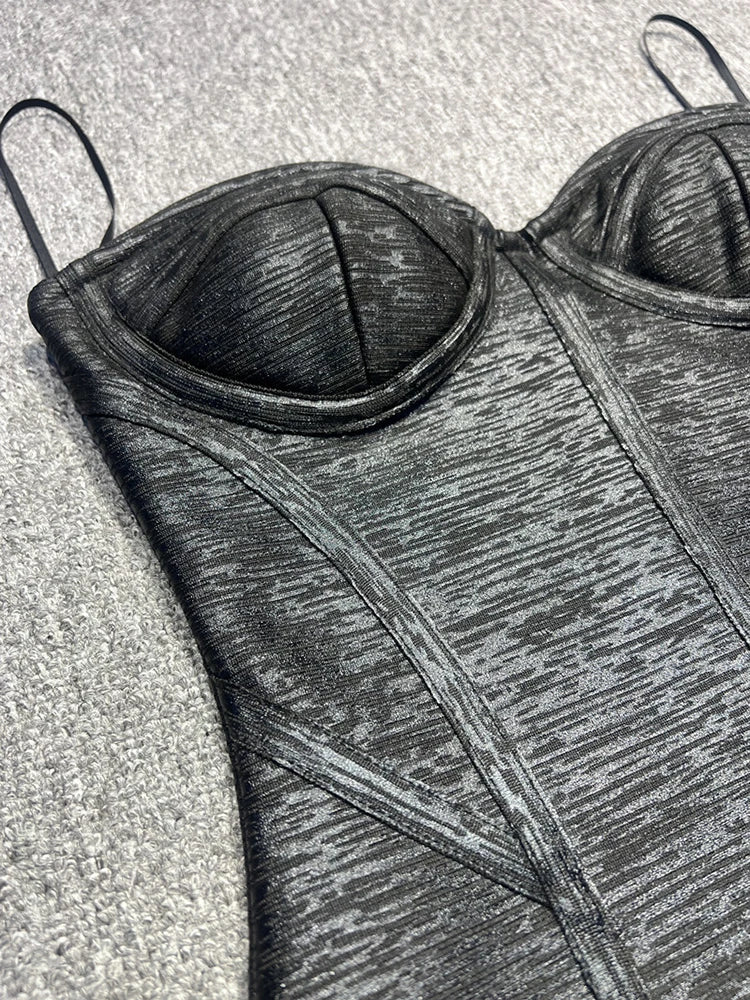 Strapless V-Neck Black Foil  Bandage Dress