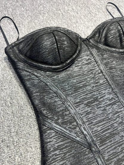 Strapless V-Neck Black Foil  Bandage Dress