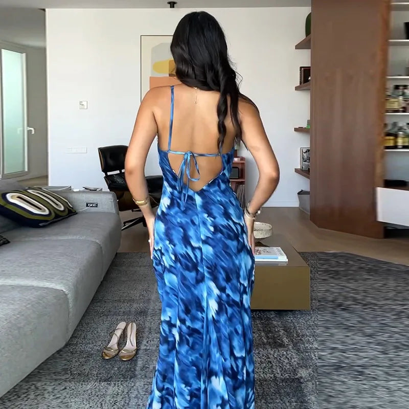 Halter Backless Blue Printed Lace-up Long Dress