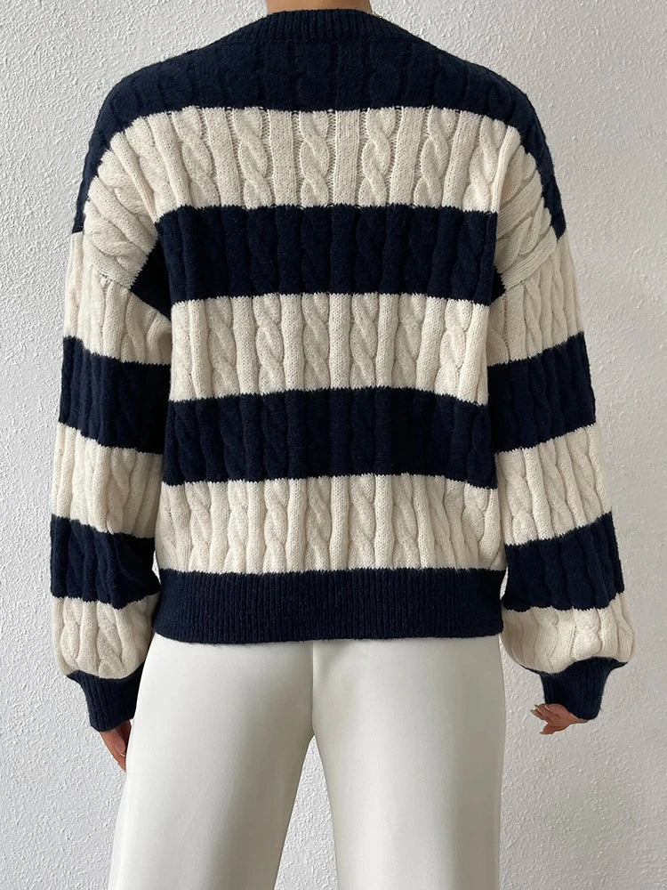 Striped Cable Knit V-Neck Sweater | Relaxed Fit Pullover