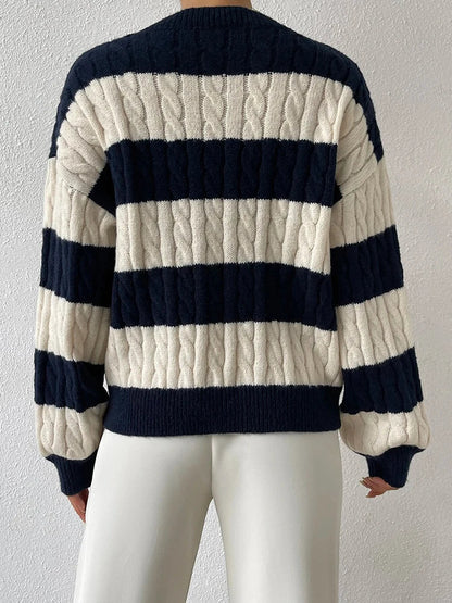 Striped Cable Knit V-Neck Sweater | Relaxed Fit Pullover