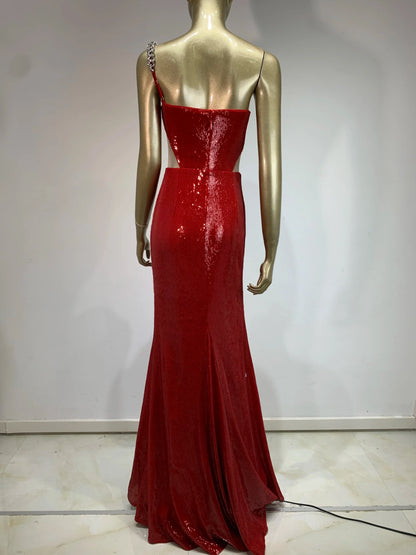 One Shoulder Mesh Sequins Red Maxi Dress