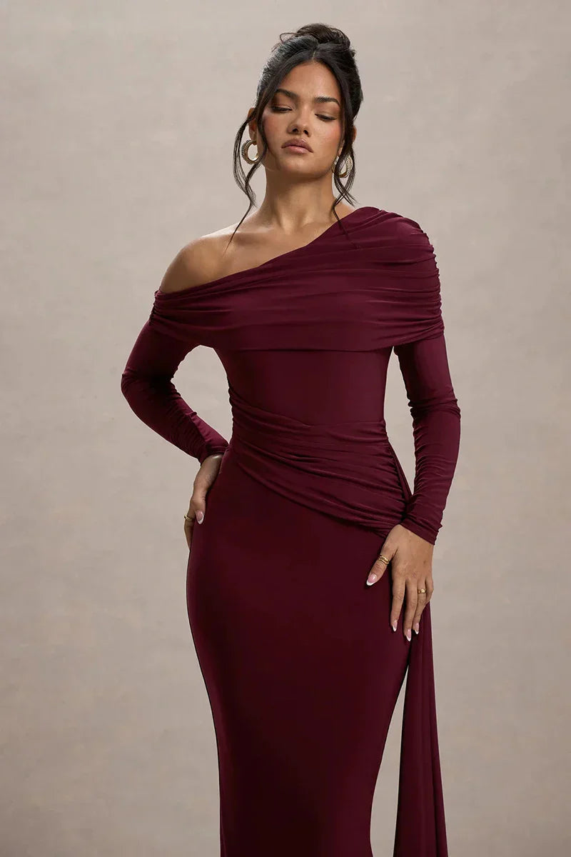 Skew Collar Long Sleeve Maxi Dress