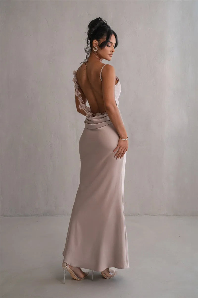 3D Flower Draped Open Back Maxi Dress