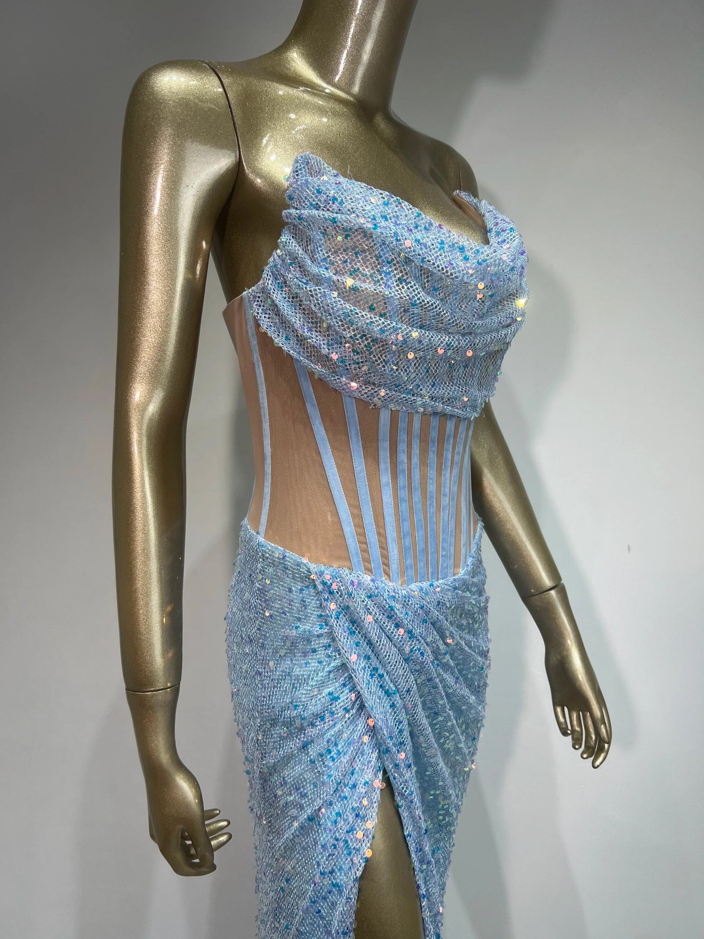 Strapless Mesh Sequins Ruffles Maxi Dress