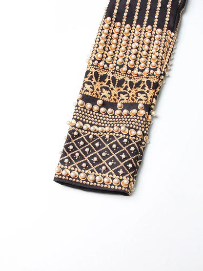 Printed Diagonal Neck Off One-Shoulder Patchwork Bead Dress