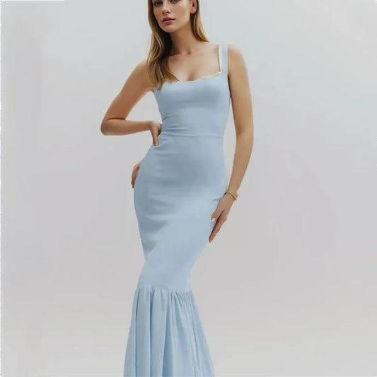 Light Blue Spliced Ruffles Hem Midi Dress