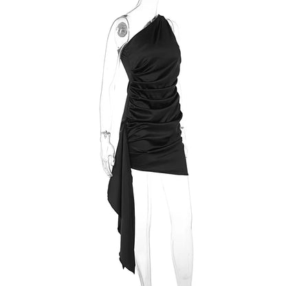 Satin Sleeveless One Shoulder Ribbon Mini Dress