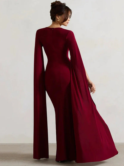 Elegant Cape Sleeve Maxi Dress with High Split