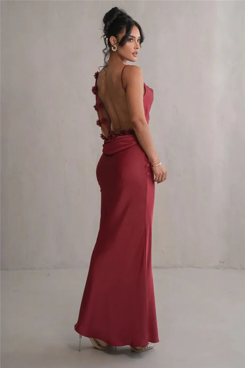 3D Flower Draped Open Back Maxi Dress
