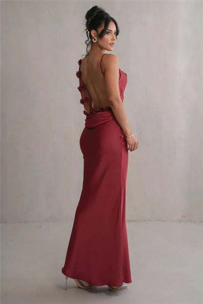 3D Flower Draped Open Back Maxi Dress