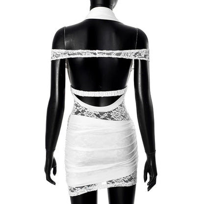 Halter Off the shoulder White Lace Mini Dress