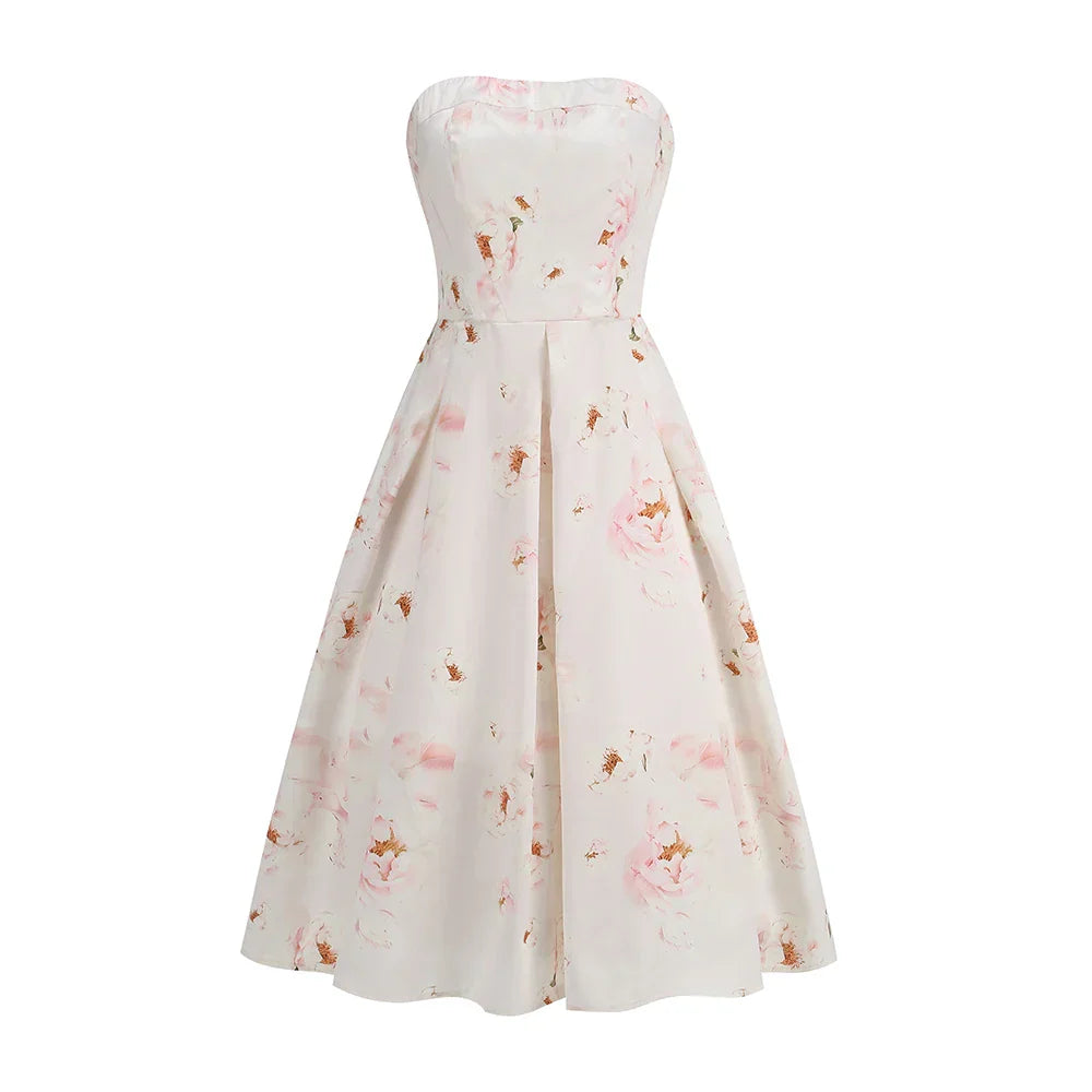Floral printed strapless back tied rope dress
