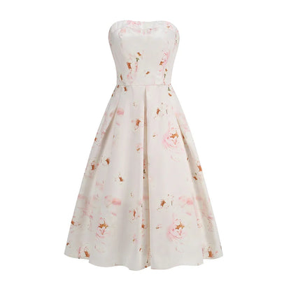 Floral printed strapless back tied rope dress