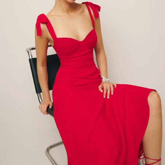 Solid Red Tie Bow Strap Midi Dress