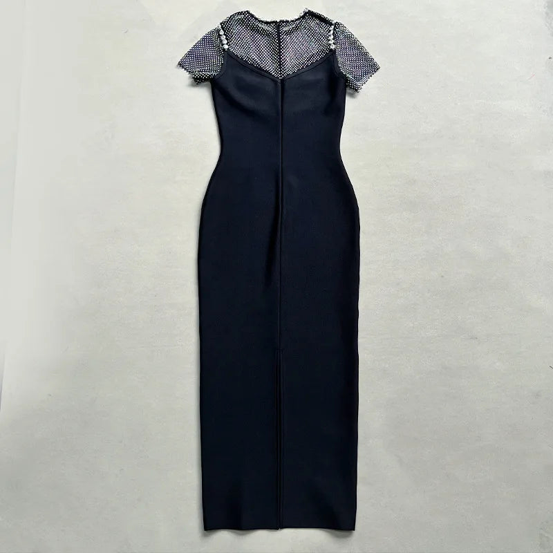 Black Diamante Evening Midi Dress