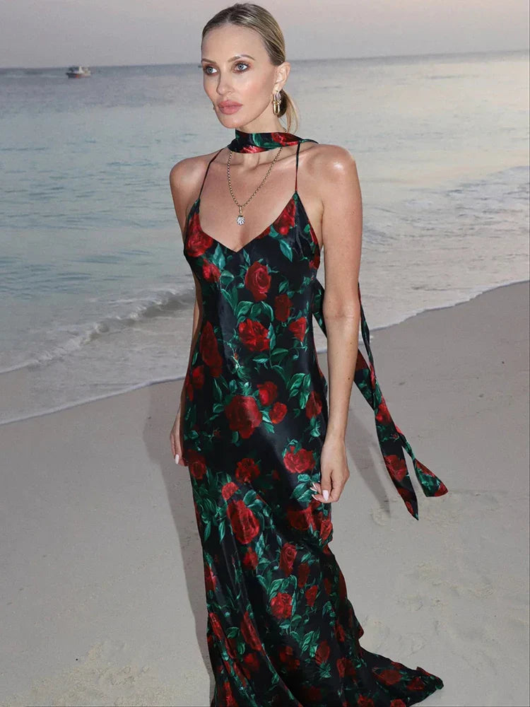 Halter Backless Print Sleeveless High Waist Long Dress