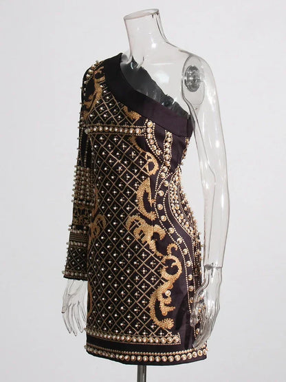 Printed Diagonal Neck Off One-Shoulder Patchwork Bead Dress