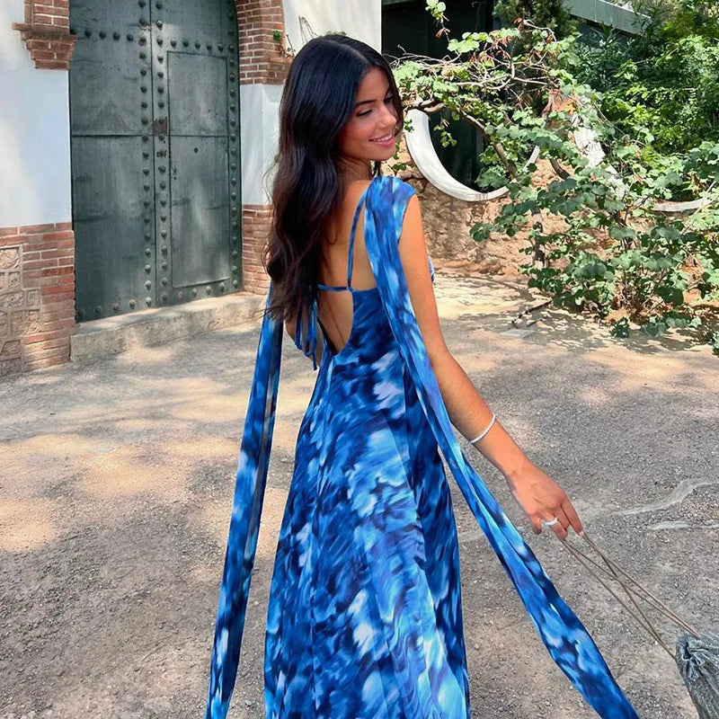 Halter Backless Blue Printed Lace-up Long Dress
