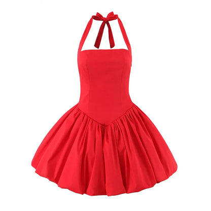 Bow Halter Slash Collar Lacing-Up Back Mini Dress