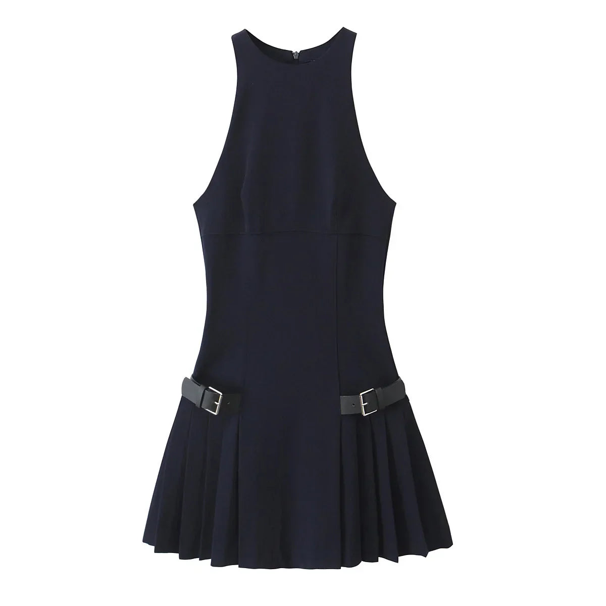 Solid Sleeveless Back Zipper Belt Pleated Dress