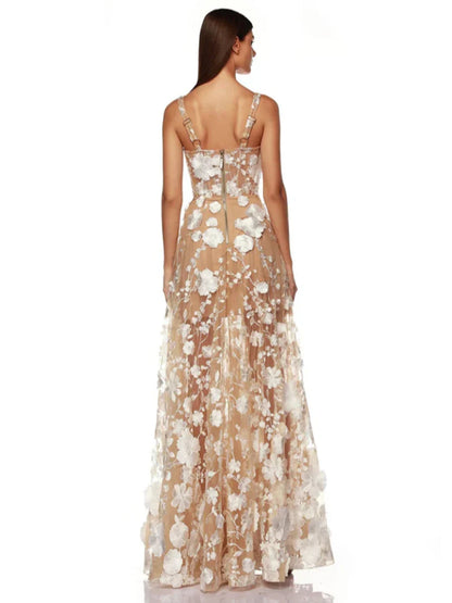 Floral Embroidered Mesh Maxi Dress