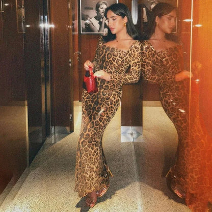 Women's Leopard Print Sequins Split Bodycon Dress