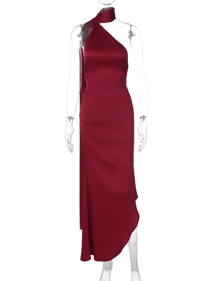 Satin Backless Halter Ribbon Black Maxi Dress