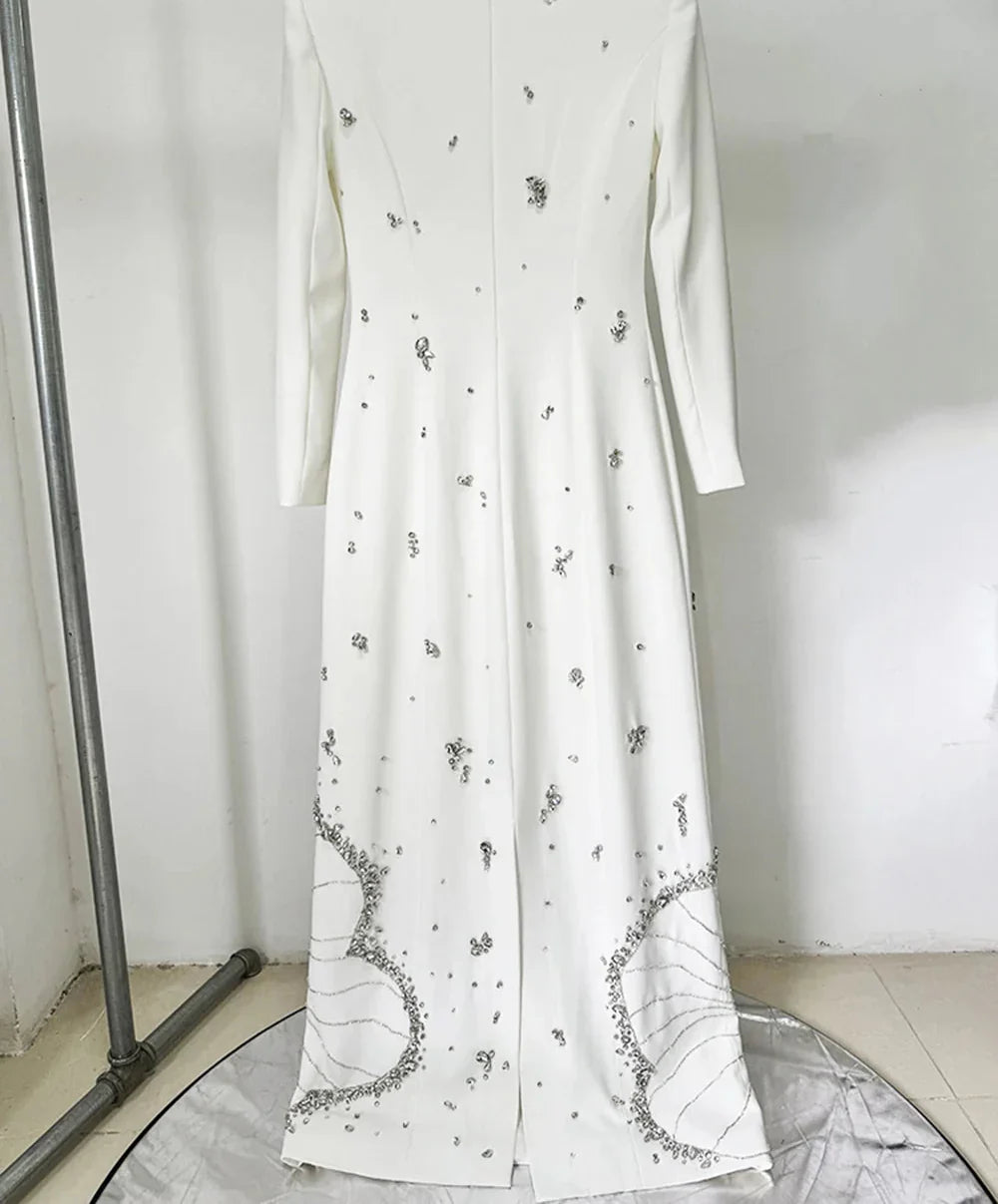 White Beads Diamond Long Sleeve Maxi Dress