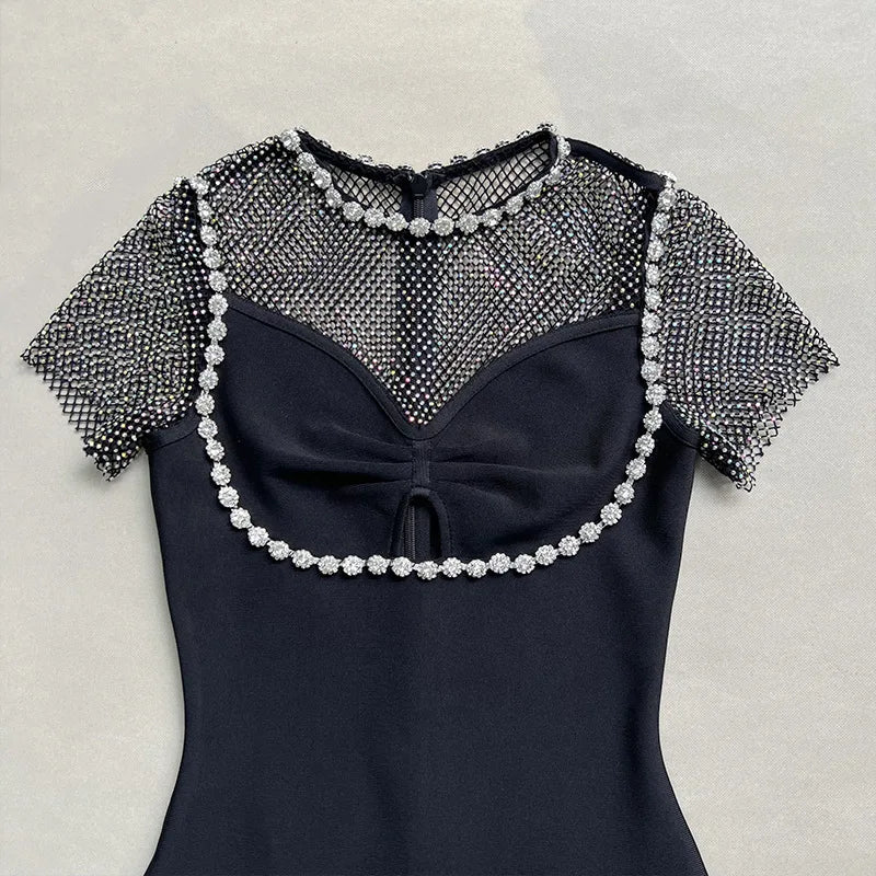 Black Diamante Evening Midi Dress