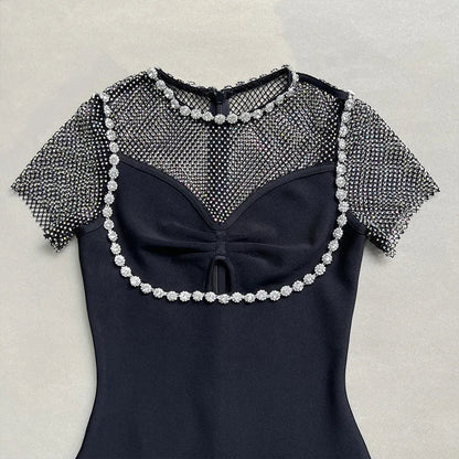 Black Diamante Evening Midi Dress